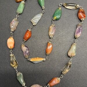 Vintage Polished Natural Stones Silver Tone Prong Set Necklace 33"